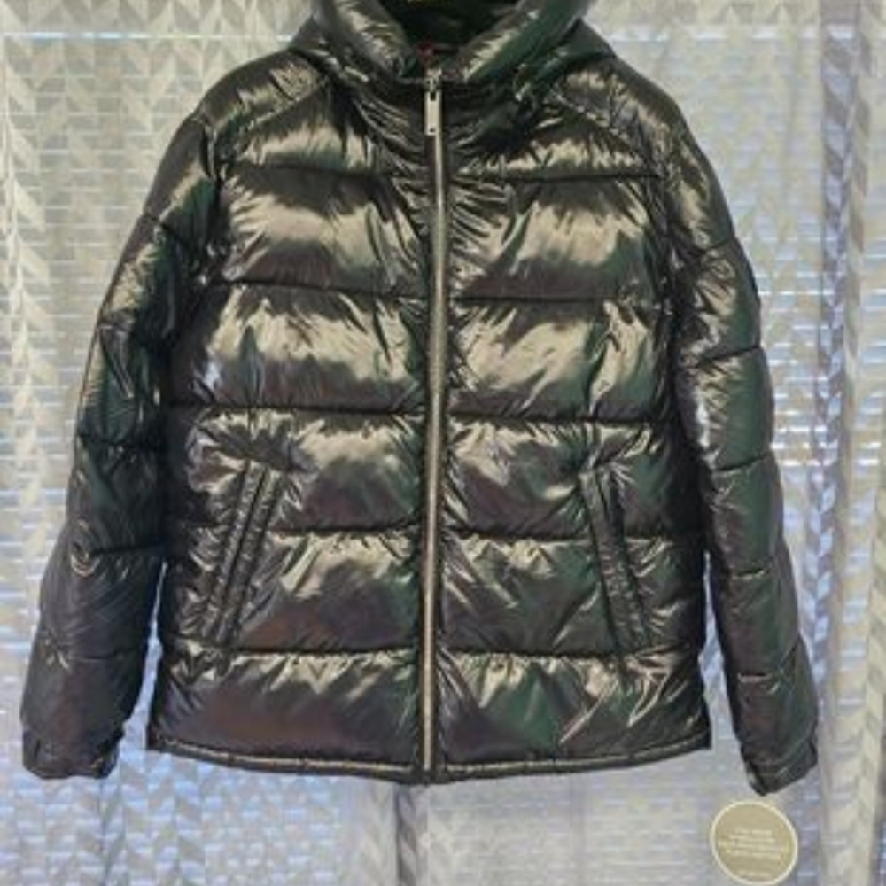 MICHAEL KORS Men's Shiny Hooded Puffer Jacket-NWT-Black-Large